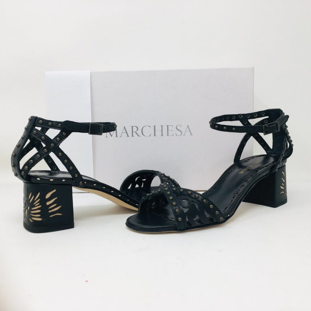 Marchesa Mariama Black Leather Block Heel Sandals